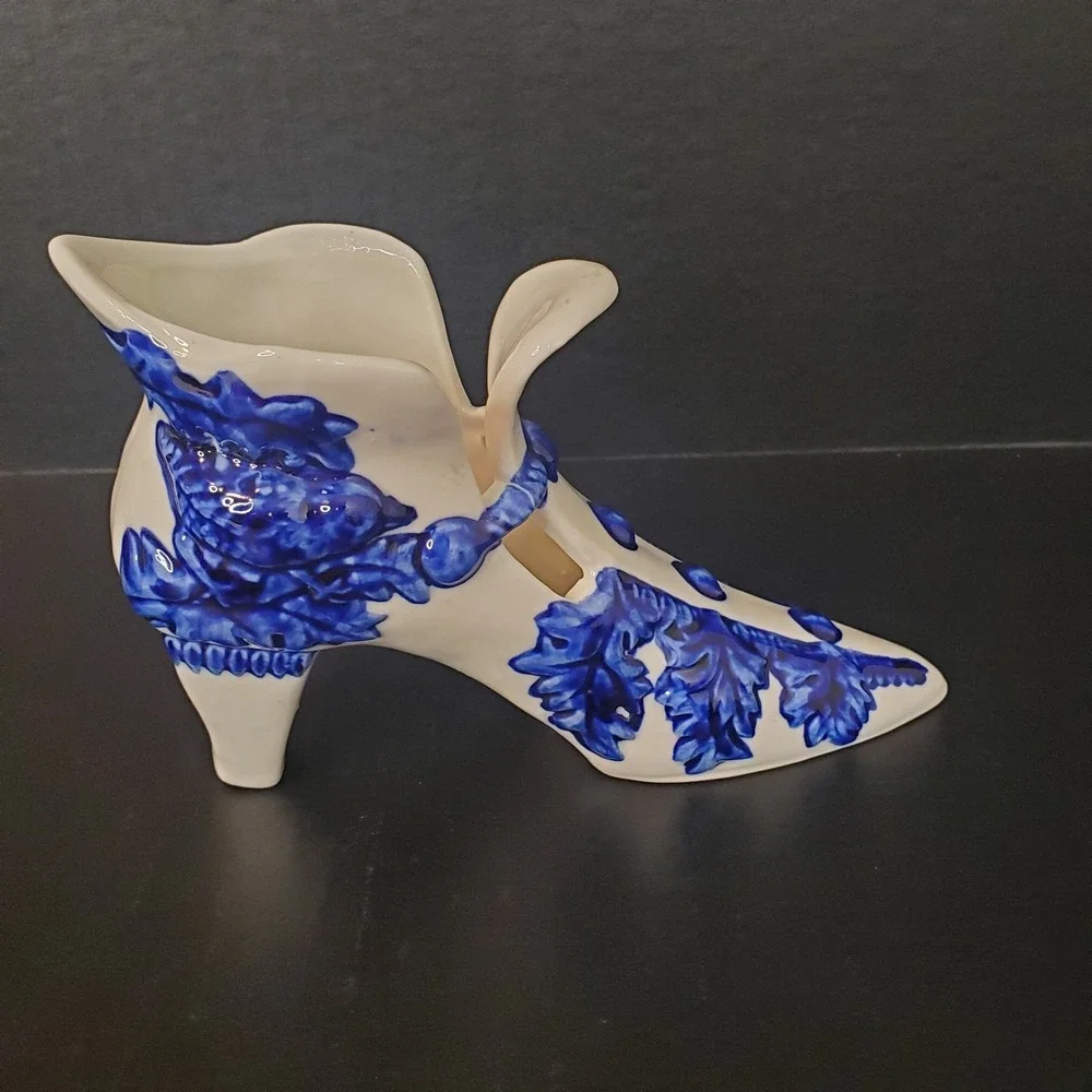 Vintage Victorian Shoe Delft Style Ceramic Planter Boot Décor Blue Bird On White